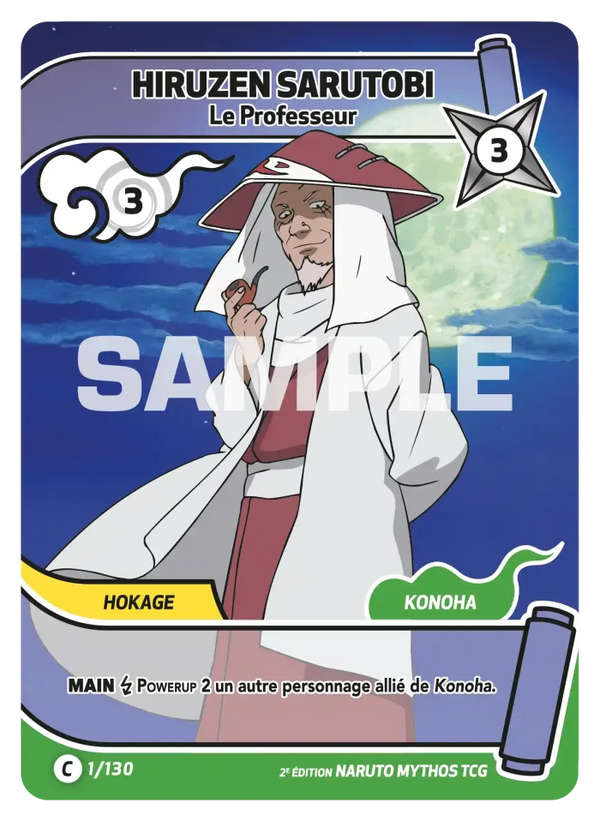 001/130 - Hiruzen Sarutobi - Le Professeur — Carte Naruto Mythos Konoha Shidō - Set 1 Éd.2 001/130