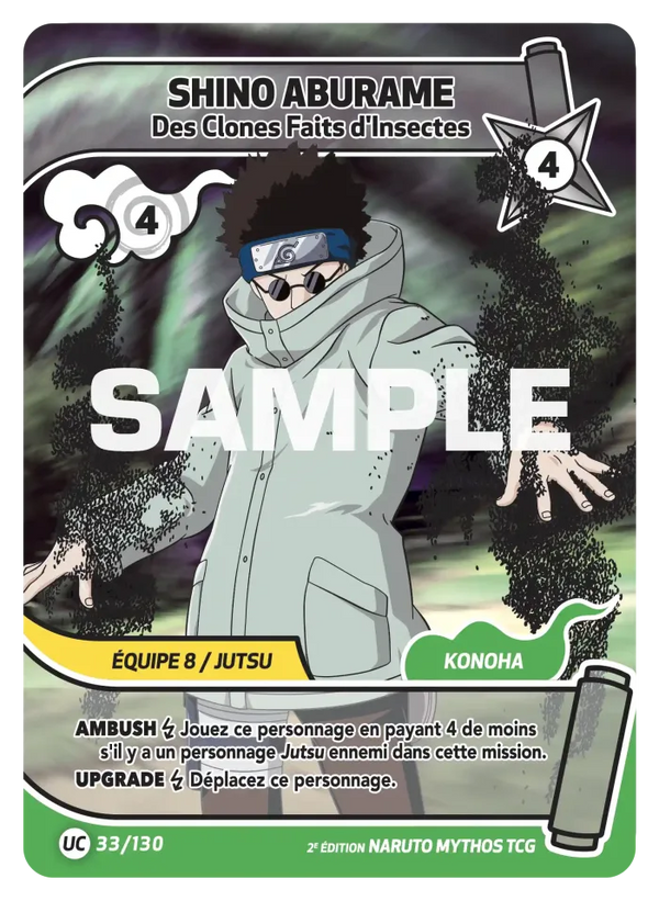 033/130 - Shino Aburame - Des Clones Faits d'Insectes — Carte Naruto Mythos Konoha Shidō - Set 1 Éd.2 033/130