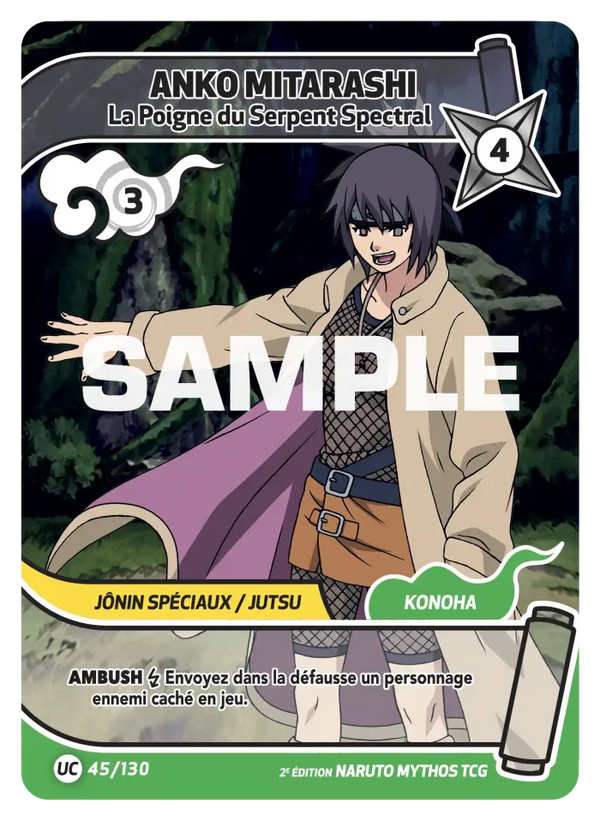 045/130 - Anko Mitarashi - La Poigne du Serpent Spectral — Carte Naruto Mythos Konoha Shidō - Set 1 Éd.2 045/130