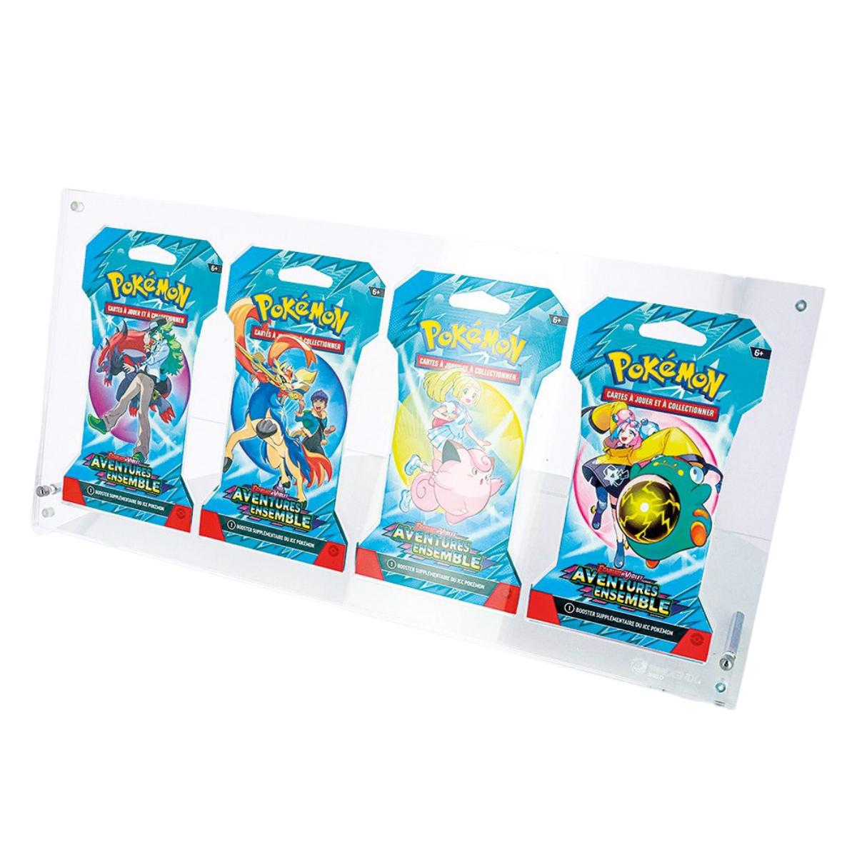 Présentoir acrylique Phoenix Shield garni de 4 blisters artset Pokémon Aventures Ensemble