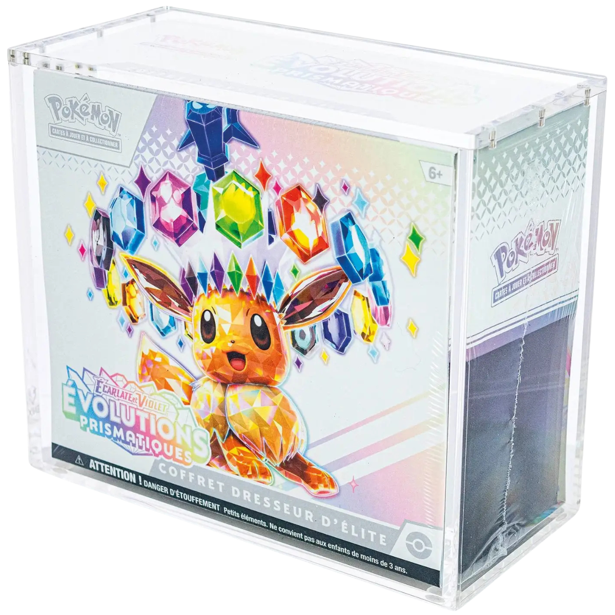 Boîtier acrylique Phoenix Shield refermé sur un Coffret Dresseur d'Élite Pokémon Évolutions Prismatiques