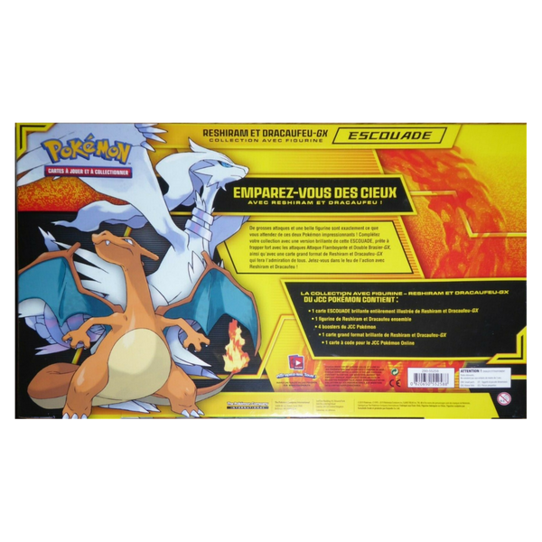 Dos du Coffret Collection avec Figurine Reshiram et Dracaufeu-GX Pokémon, contenu détaillé
