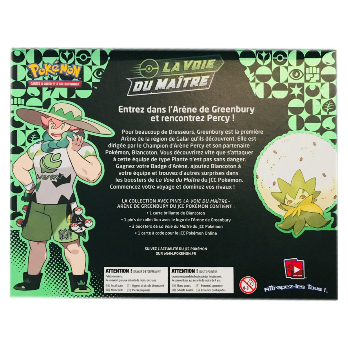 Dos du Coffret Collection avec Pin's La Voie du Maître Arène de Greenbury Pokémon, contenu détaillé