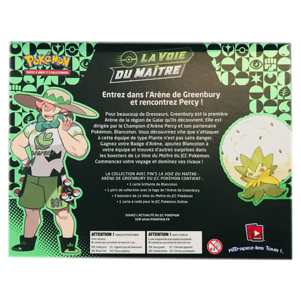 Dos du Coffret Collection avec Pin's La Voie du Maître Arène de Greenbury Pokémon, contenu détaillé