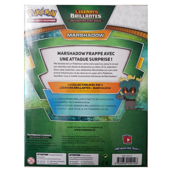 Dos du Coffret Collection avec Pin's Légendes Brillantes Marshadow Pokémon, contenu détaillé