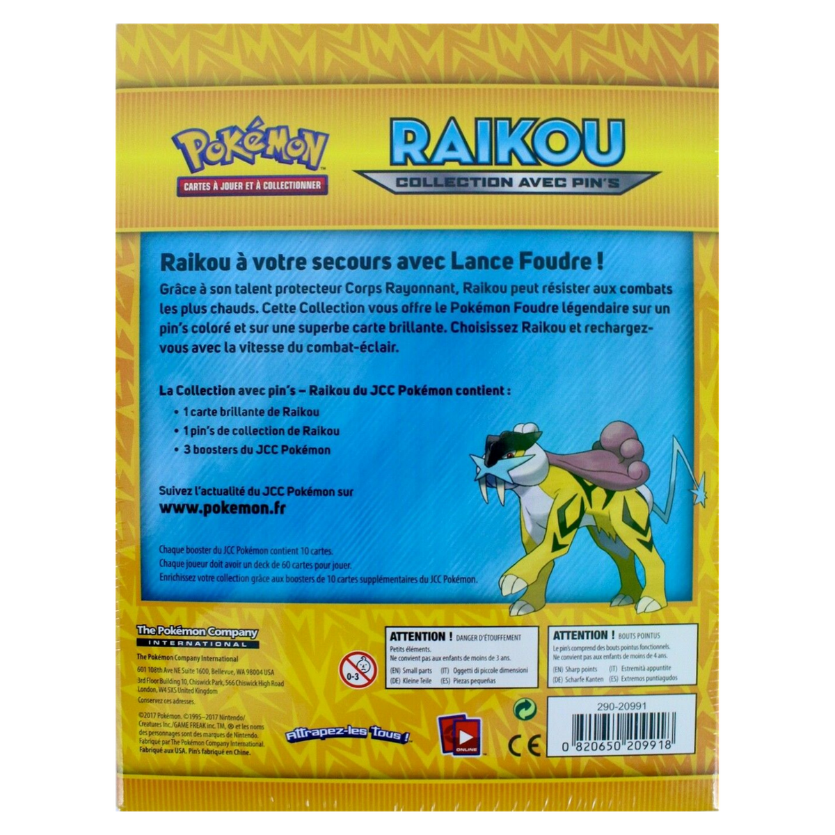 Dos de la Collection avec pin's Raikou : contenu de la boîte