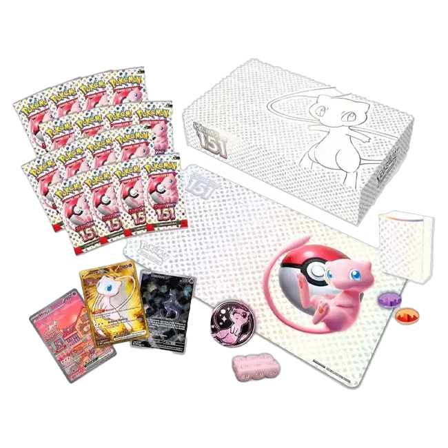 Contenu du coffret Ultra-Premium 151 : 16 boosters, carte en métal Mew-ex, promos Mew-ex et Mewtwo, tapis de jeu et accessoires
