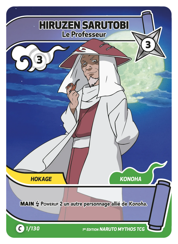 001/130 - Hiruzen Sarutobi - Le Professeur — Carte Naruto Mythos Konoha Shidō - 1er Chapitre Ed.1 001/130