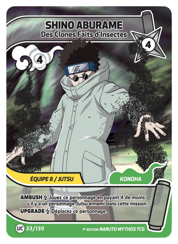 033/130 - Shino Aburame - Des Clones Faits d'Insectes — Carte Naruto Mythos Konoha Shidō - 1er Chapitre Ed.1 033/130