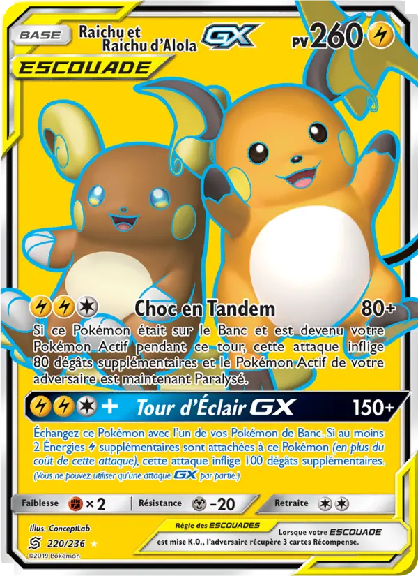 220/236 - Raichu et Raichu d’Alola GX — Carte Pokémon Harmonie des Esprits 220/236