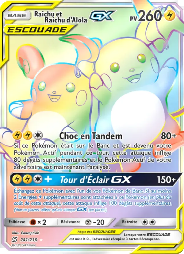 241/236 - Raichu et Raichu d’Alola GX — Carte Pokémon Harmonie des Esprits 241/236