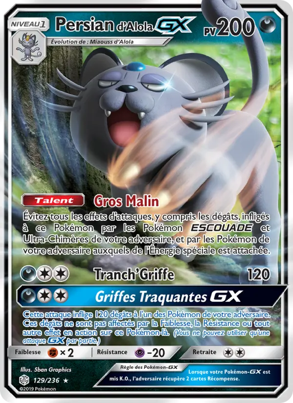 Persian d’Alola GX — Carte Pokémon 129 Éclipse Cosmique