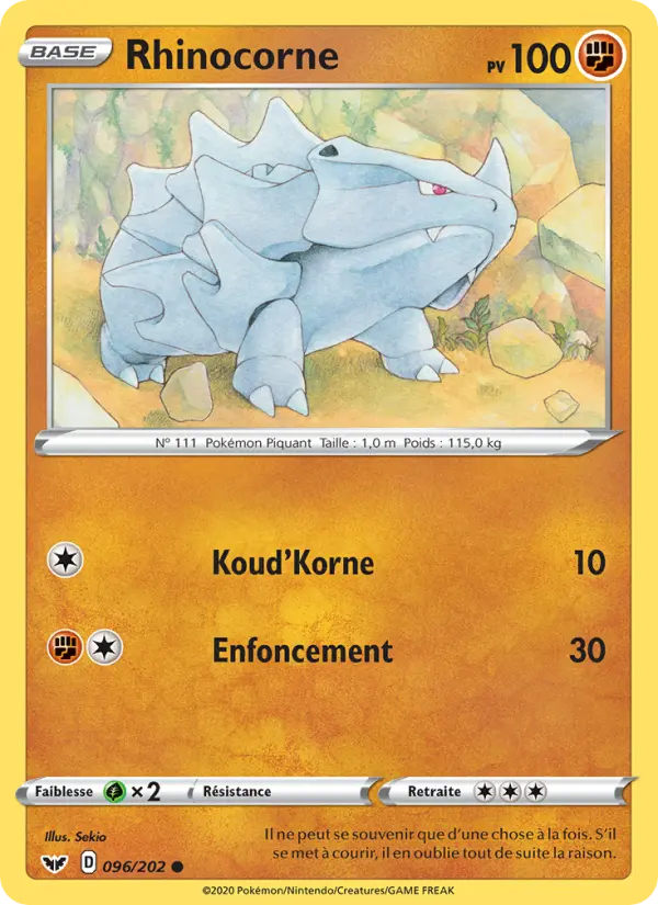 096/202 - Rhinocorne — Carte Pokémon Épée et Bouclier 96/202