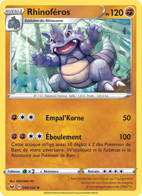 Rhinoféros — Carte Pokémon 98 Épée et Bouclier