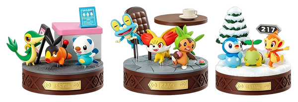 Les trois dioramas de la vague 2 côte à côte : Unys, Kalos, Sinnoh