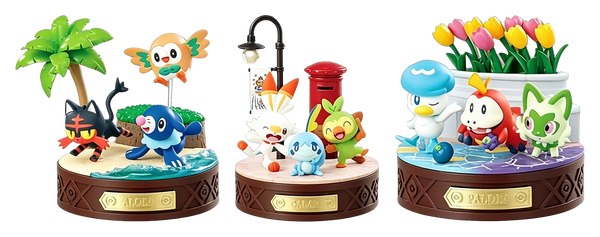 Les trois dioramas de la vague 3 côte à côte : Alola, Galar, Paldea