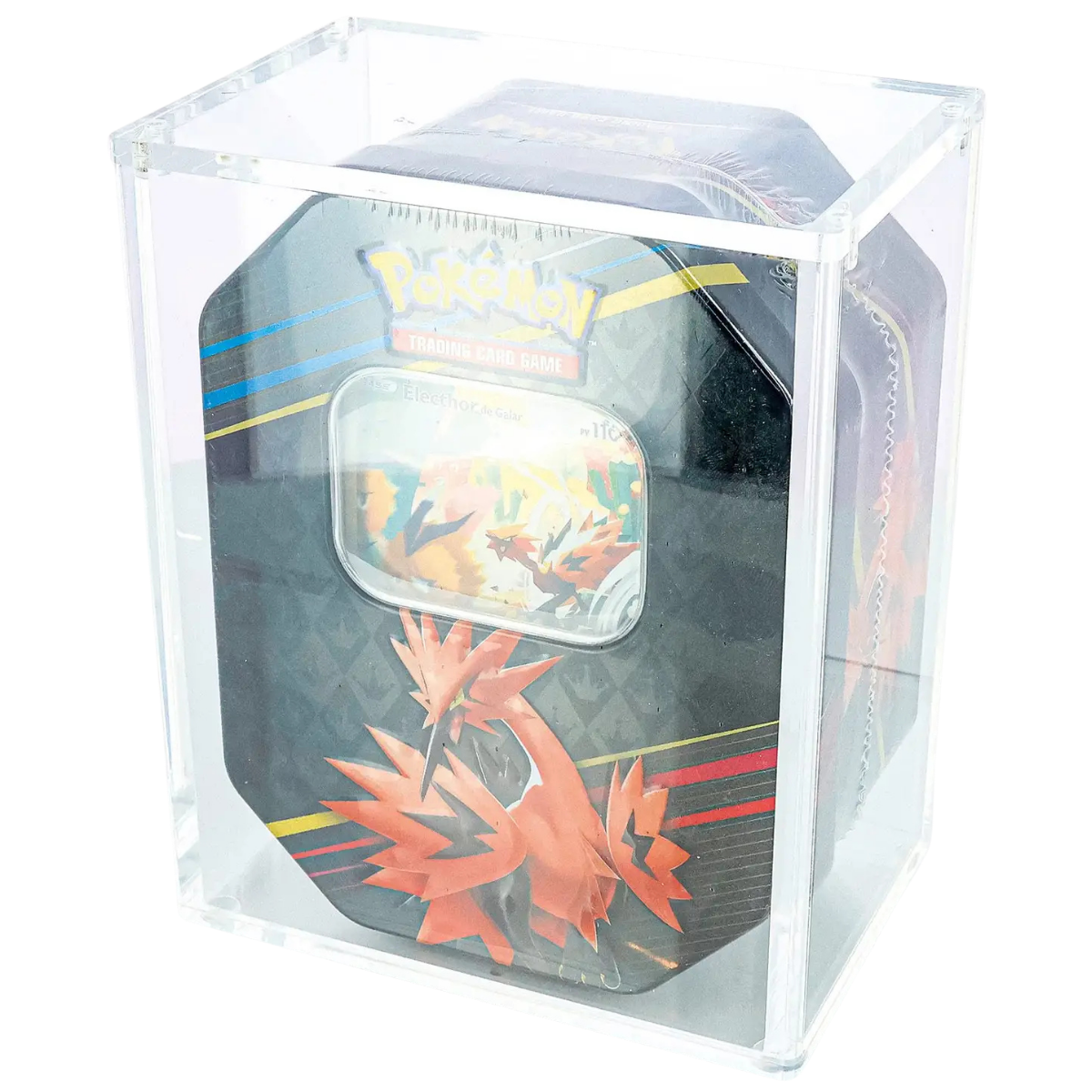 Boîtier acrylique Phoenix Shield refermé sur une Pokébox Pokémon Électhor de Galar