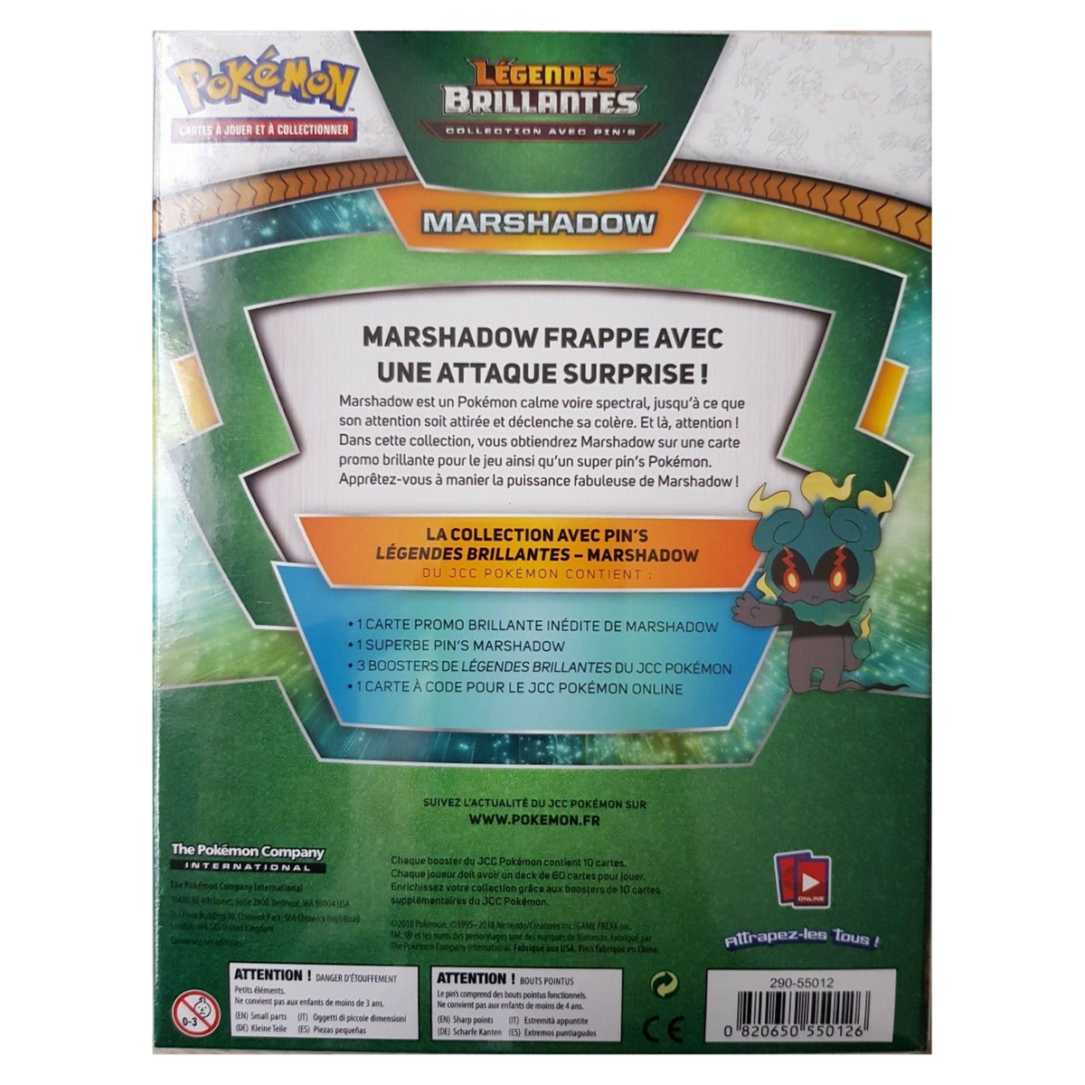 Dos du Coffret Collection avec Pin's Légendes Brillantes Marshadow Pokémon, contenu détaillé