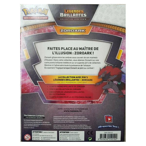 Dos du Coffret Collection avec Pin's Légendes Brillantes Zoroark Pokémon, contenu détaillé