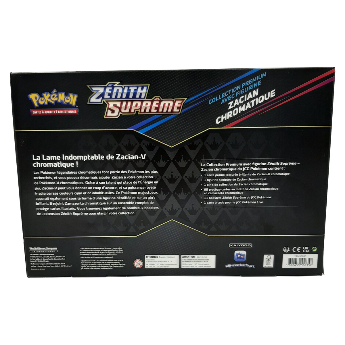 Dos du coffret Collection Premium avec figurine Zacian chromatique, contenu détaillé