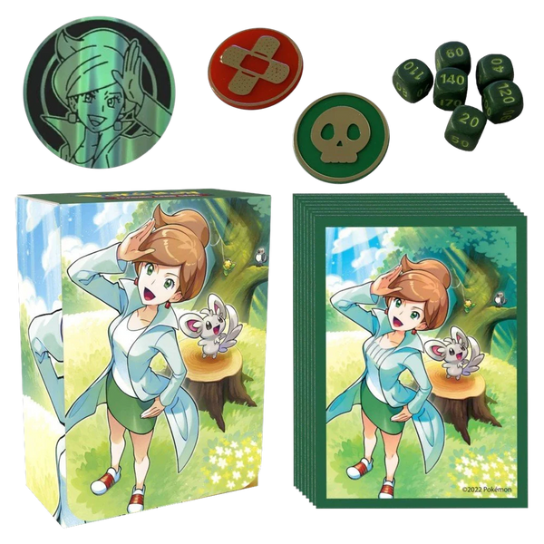Contenu de la Collection Tournoi Premium Professeure Keteleeria : étui, protège-cartes, pièce et dés