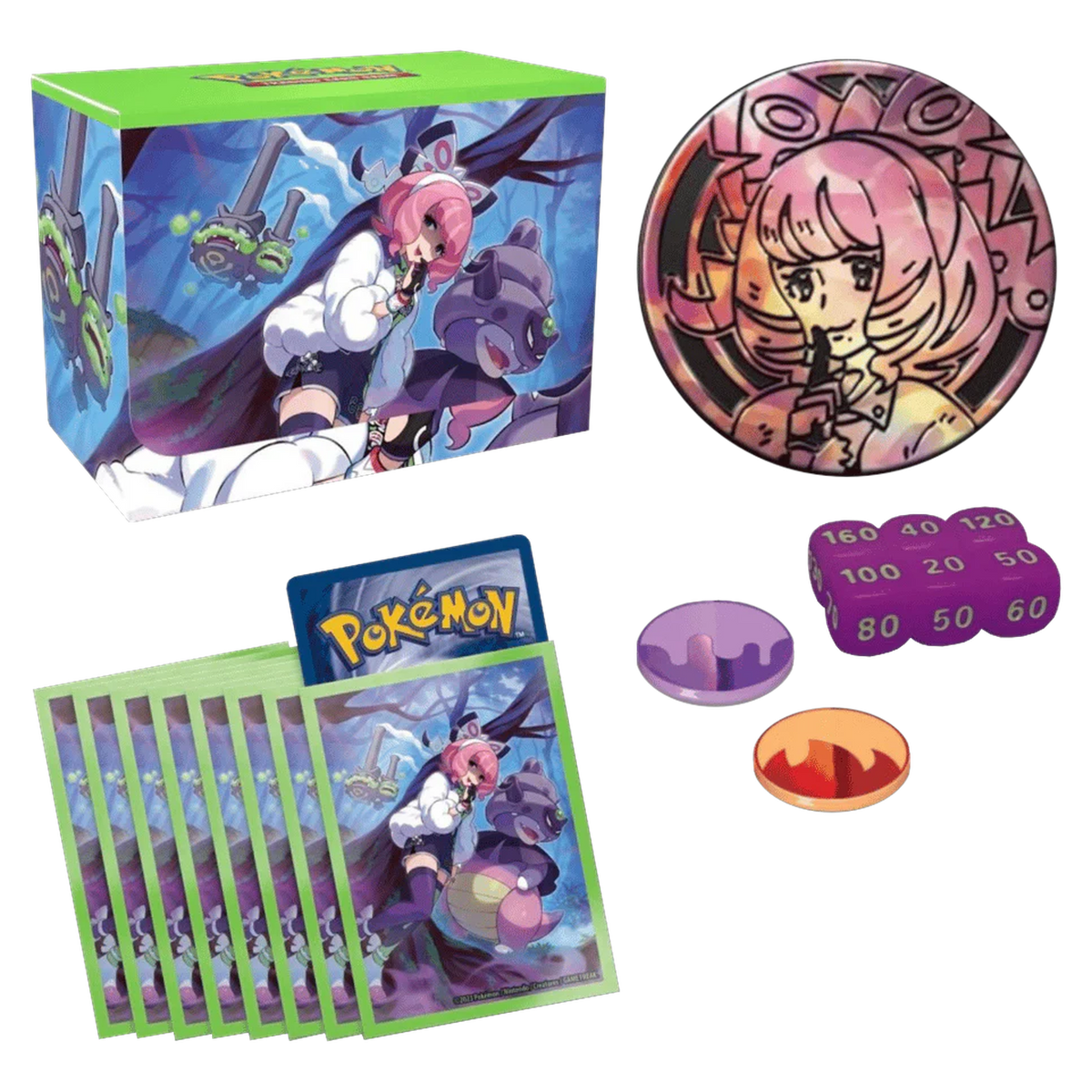Contenu de la Collection Tournoi Premium Sophora : étui, protège-cartes, pièce et dés