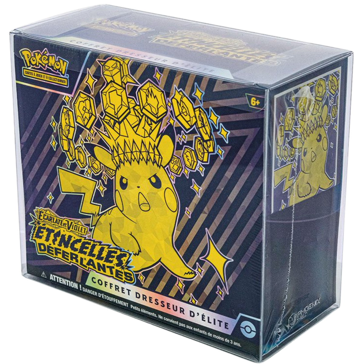 Crystal Box Phoenix Shield posée sur un Coffret Dresseur d'Élite Pokémon Étincelles Déferlantes