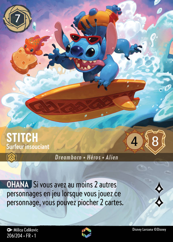 Stitch - Surfer insouciant — Carte Disney Lorcana 206 Premier Chapitre