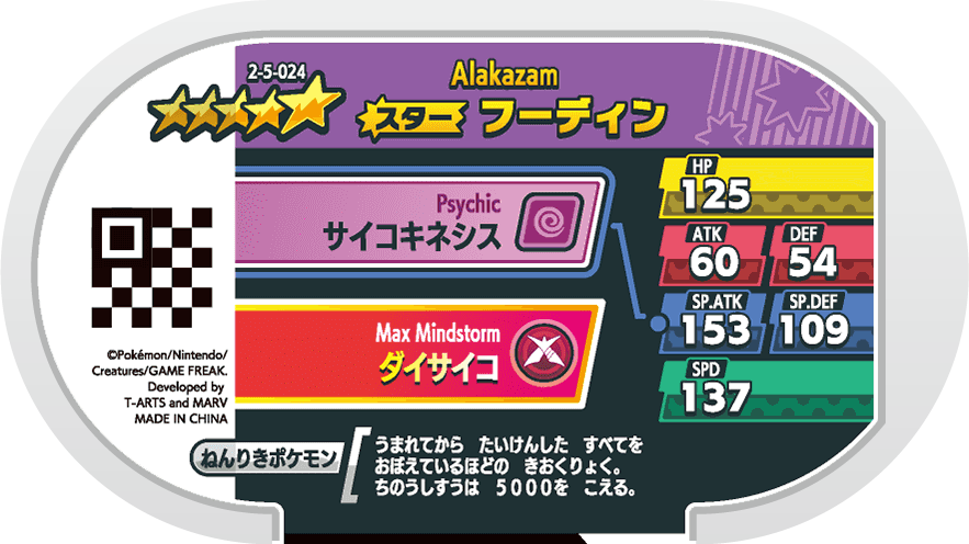 Meza Tag Alakazam (2-5-024) verso Pokédex-entry Pokémon Mezastar Super Tag Set 5