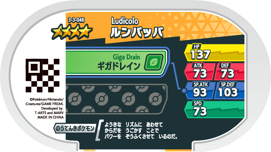 Meza Tag Ludicolo (3-3-046) verso Pokédex-entry Pokémon Mezastar Double Chain Set 3