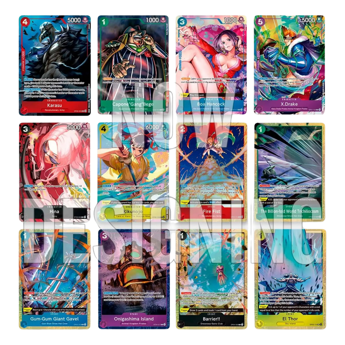 Les 12 cartes Holo et Textured Foil du Premium Card Collection Best Selection Vol. 2, dont Karasu, Boa Hancock et X.Drake