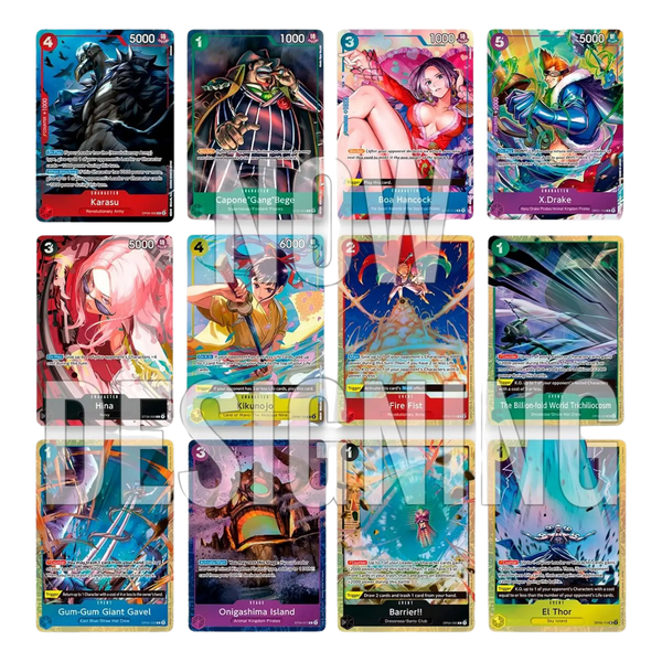 Les 12 cartes Holo et Textured Foil du Premium Card Collection Best Selection Vol. 2, dont Karasu, Boa Hancock et X.Drake