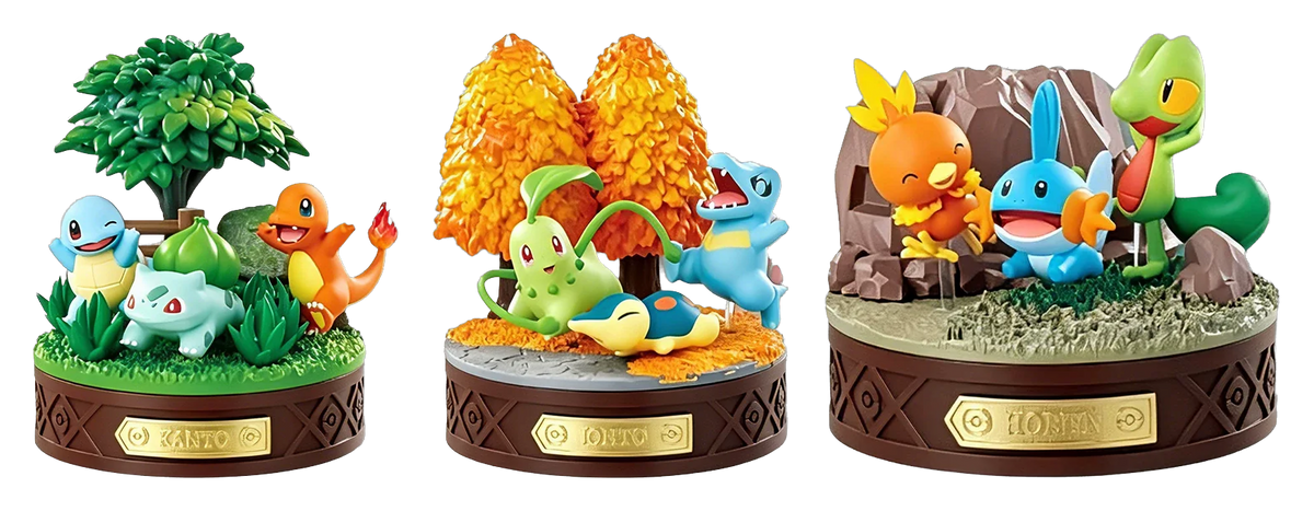 Les trois dioramas de la vague 1 côte à côte : Kanto, Johto, Hoenn
