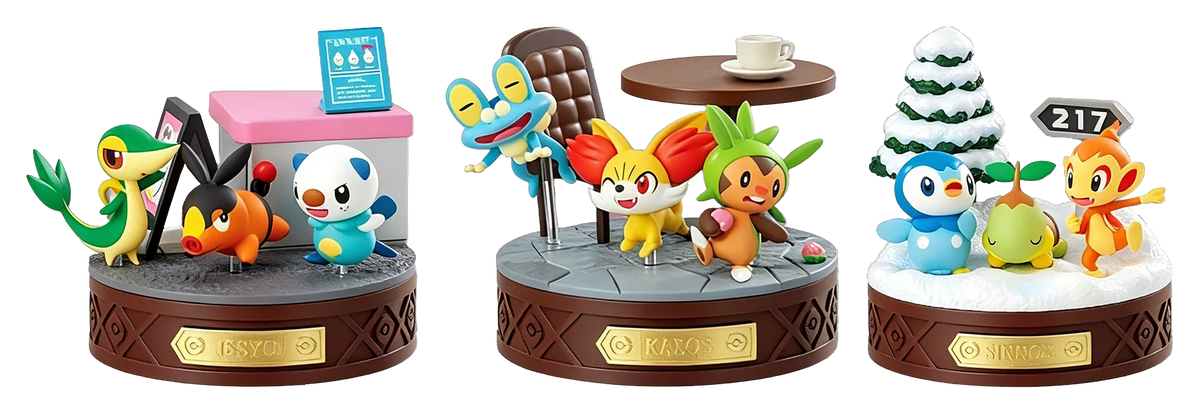 Les trois dioramas de la vague 2 côte à côte : Unys, Kalos, Sinnoh
