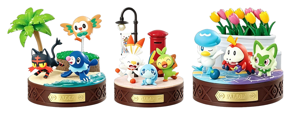 Les trois dioramas de la vague 3 côte à côte : Alola, Galar, Paldea